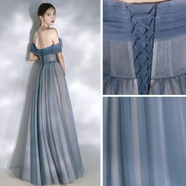 Eleganta Ocean Blå Aftonklänningar 2020 Prinsessa Av Axeln Korta ärm Glittriga / Glitter Tyll Beading Långa Ruffle Halterneck Formella Klänningar