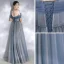 Eleganta Ocean Blå Aftonklänningar 2020 Prinsessa Av Axeln Korta ärm Glittriga / Glitter Tyll Beading Långa Ruffle Halterneck Formella Klänningar