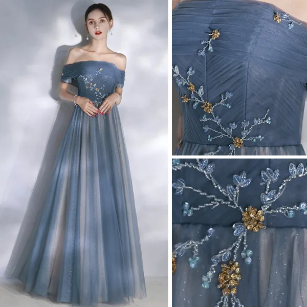 Eleganta Ocean Blå Aftonklänningar 2020 Prinsessa Av Axeln Korta ärm Glittriga / Glitter Tyll Beading Långa Ruffle Halterneck Formella Klänningar