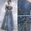 Eleganta Ocean Blå Aftonklänningar 2020 Prinsessa Av Axeln Korta ärm Glittriga / Glitter Tyll Beading Långa Ruffle Halterneck Formella Klänningar