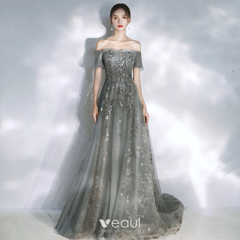 Elegant Grey Evening Dresses 2020 A-Line / Princess Off-The-Shoulder Puffy Short Sleeve Beading Appliques Sequins Court Train Ruffle Backless Formal Elegant Grey Evening Dresses 2020 A-Line / Princess Off-The-Shoulder Puffy Short Sleeve Beading Appliques Sequins Court Train Ruffle Backless Formal