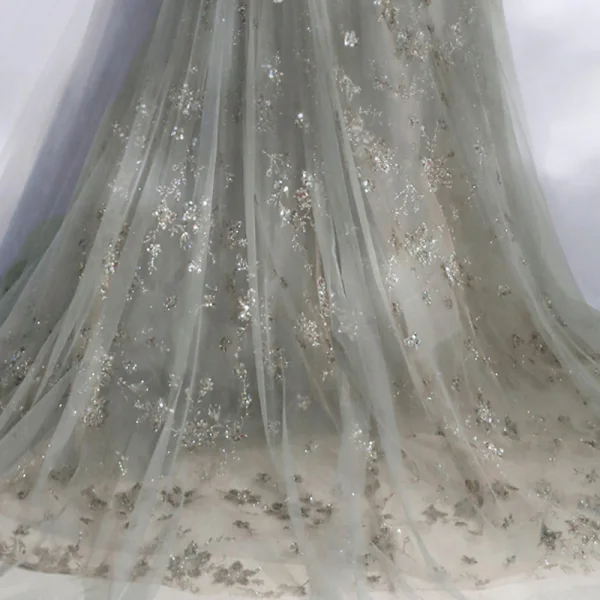 Elegant Grey Evening Dresses  2020 A-Line / Princess Off-The-Shoulder Puffy Short Sleeve Beading Appliques Sequins Court Train Ruffle Backless Formal Dresses