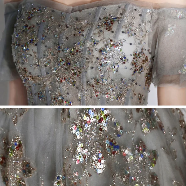 Elegant Grey Evening Dresses  2020 A-Line / Princess Off-The-Shoulder Puffy Short Sleeve Beading Appliques Sequins Court Train Ruffle Backless Formal Dresses