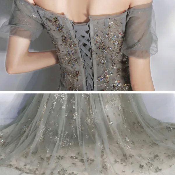 Elegant Grey Evening Dresses  2020 A-Line / Princess Off-The-Shoulder Puffy Short Sleeve Beading Appliques Sequins Court Train Ruffle Backless Formal Dresses