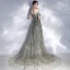 Elegant Grey Evening Dresses  2020 A-Line / Princess Off-The-Shoulder Puffy Short Sleeve Beading Appliques Sequins Court Train Ruffle Backless Formal Dresses