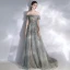 Elegant Grey Evening Dresses  2020 A-Line / Princess Off-The-Shoulder Puffy Short Sleeve Beading Appliques Sequins Court Train Ruffle Backless Formal Dresses