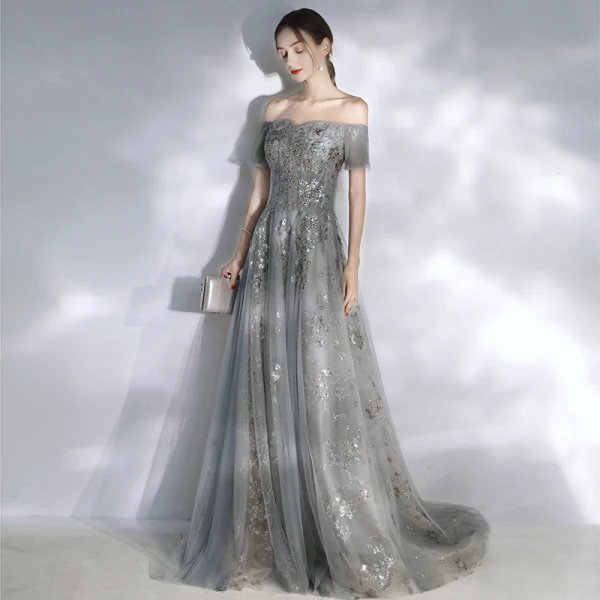 Elegant Grey Evening Dresses  2020 A-Line / Princess Off-The-Shoulder Puffy Short Sleeve Beading Appliques Sequins Court Train Ruffle Backless Formal Dresses