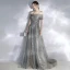 Elegant Grey Evening Dresses  2020 A-Line / Princess Off-The-Shoulder Puffy Short Sleeve Beading Appliques Sequins Court Train Ruffle Backless Formal Dresses