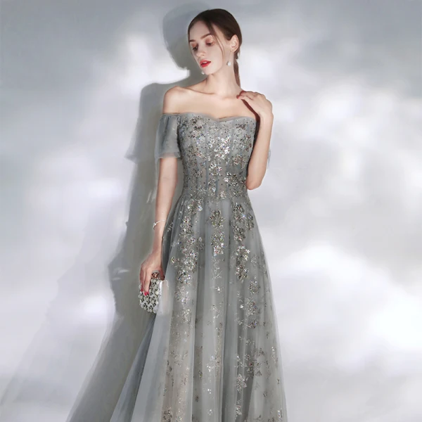 Elegant Grey Evening Dresses  2020 A-Line / Princess Off-The-Shoulder Puffy Short Sleeve Beading Appliques Sequins Court Train Ruffle Backless Formal Dresses