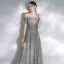 Elegant Grey Evening Dresses  2020 A-Line / Princess Off-The-Shoulder Puffy Short Sleeve Beading Appliques Sequins Court Train Ruffle Backless Formal Dresses