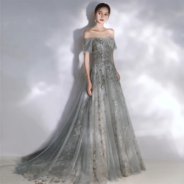 Elegant Grey Evening Dresses  2020 A-Line / Princess Off-The-Shoulder Puffy Short Sleeve Beading Appliques Sequins Court Train Ruffle Backless Formal Dresses