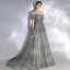 Elegant Grey Evening Dresses  2020 A-Line / Princess Off-The-Shoulder Puffy Short Sleeve Beading Appliques Sequins Court Train Ruffle Backless Formal Dresses