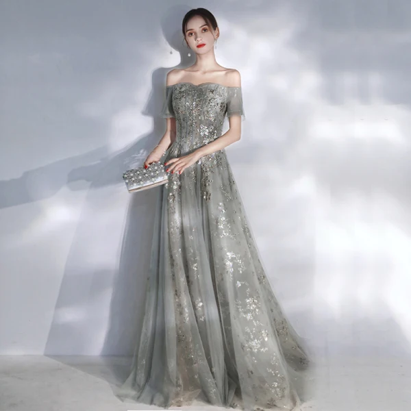silver gray evening dresses Glamorous Long Silver Mermaid Sequined Sleeveless Prom Dress With Lace main image 1