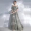 Elegant Grey Evening Dresses  2020 A-Line / Princess Off-The-Shoulder Puffy Short Sleeve Beading Appliques Sequins Court Train Ruffle Backless Formal Dresses