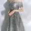 Elegant Grey Evening Dresses  2020 A-Line / Princess Off-The-Shoulder Puffy Short Sleeve Beading Appliques Sequins Court Train Ruffle Backless Formal Dresses