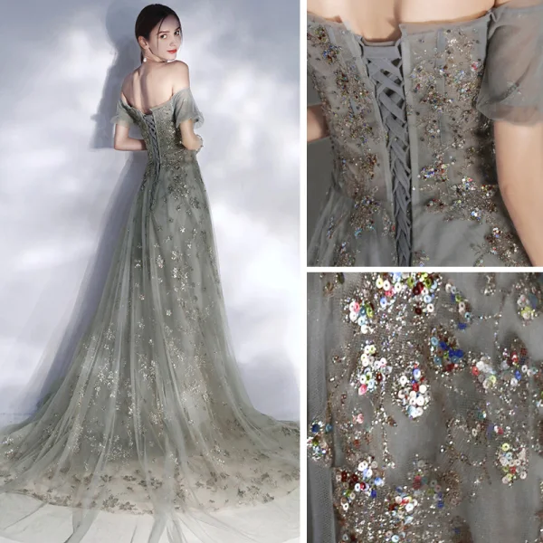 Elegant Grey Evening Dresses  2020 A-Line / Princess Off-The-Shoulder Puffy Short Sleeve Beading Appliques Sequins Court Train Ruffle Backless Formal Dresses