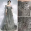 Elegant Grey Evening Dresses  2020 A-Line / Princess Off-The-Shoulder Puffy Short Sleeve Beading Appliques Sequins Court Train Ruffle Backless Formal Dresses