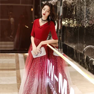 Abordable Rouge Robe De Soirée 2020 Princesse V Cou 1 2 Manches Appliques Étoile Paillettes Longue Volants Dos Nu Robe De Ceremonie