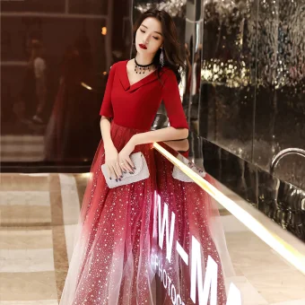 Abordable Rouge Robe De Soirée 2020 Princesse V Cou 1 2 Manches Appliques Étoile Paillettes Longue Volants Dos Nu Robe De Ceremonie