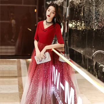 Affordable Red Evening Dresses 2020 A Line Princess V Neck 1 2 Sleeves Appliques Star Sequins Floor Length Long Ruffle Backless Formal Dresses