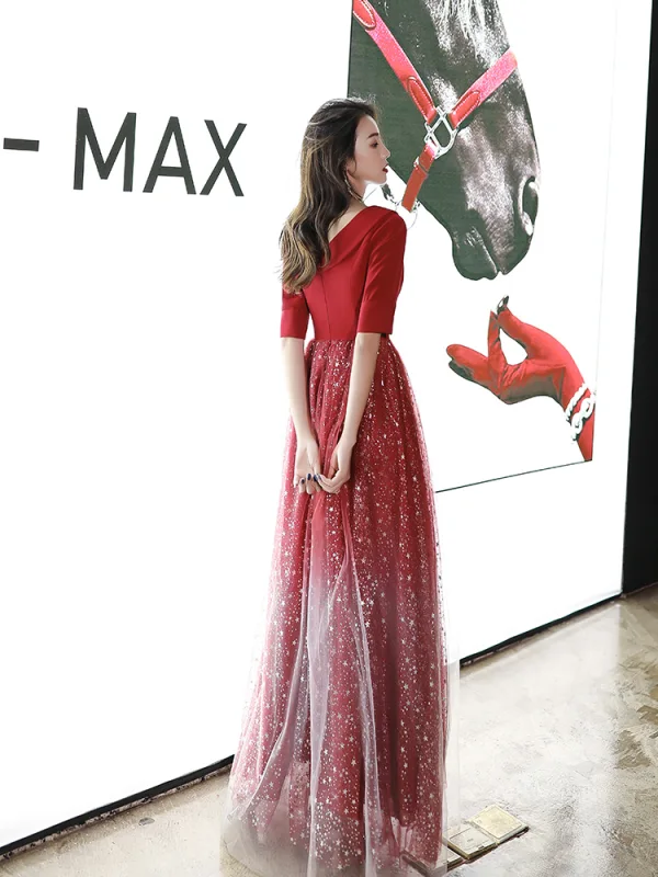 Affordable Red Evening Dresses  2020 A-Line / Princess V-Neck 1/2 Sleeves Appliques Star Sequins Floor-Length / Long Ruffle Backless Formal Dresses