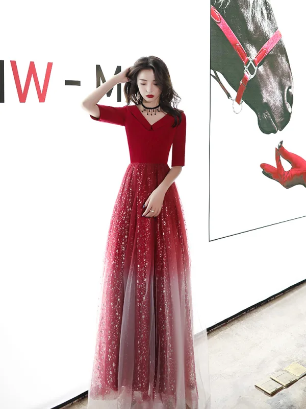 Affordable Red Evening Dresses  2020 A-Line / Princess V-Neck 1/2 Sleeves Appliques Star Sequins Floor-Length / Long Ruffle Backless Formal Dresses