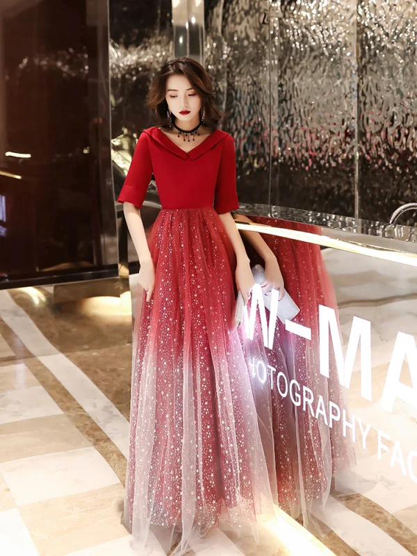 Affordable Red Evening Dresses  2020 A-Line / Princess V-Neck 1/2 Sleeves Appliques Star Sequins Floor-Length / Long Ruffle Backless Formal Dresses