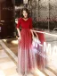 Affordable Red Evening Dresses  2020 A-Line / Princess V-Neck 1/2 Sleeves Appliques Star Sequins Floor-Length / Long Ruffle Backless Formal Dresses