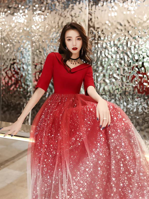 Affordable Red Evening Dresses  2020 A-Line / Princess V-Neck 1/2 Sleeves Appliques Star Sequins Floor-Length / Long Ruffle Backless Formal Dresses