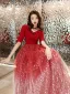 Affordable Red Evening Dresses  2020 A-Line / Princess V-Neck 1/2 Sleeves Appliques Star Sequins Floor-Length / Long Ruffle Backless Formal Dresses