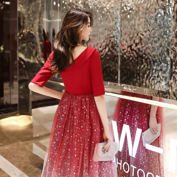 Affordable Red Evening Dresses  2020 A-Line / Princess V-Neck 1/2 Sleeves Appliques Star Sequins Floor-Length / Long Ruffle Backless Formal Dresses