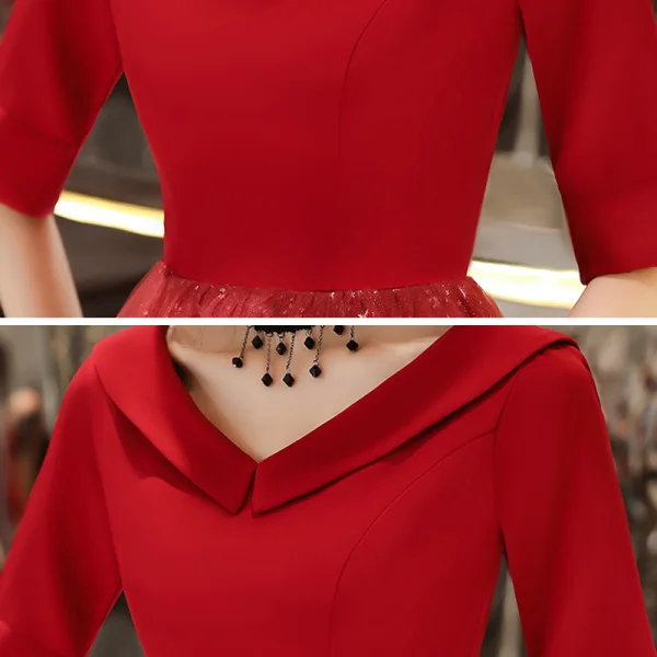 Affordable Red Evening Dresses  2020 A-Line / Princess V-Neck 1/2 Sleeves Appliques Star Sequins Floor-Length / Long Ruffle Backless Formal Dresses