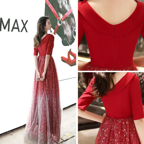 Affordable Red Evening Dresses  2020 A-Line / Princess V-Neck 1/2 Sleeves Appliques Star Sequins Floor-Length / Long Ruffle Backless Formal Dresses