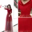 Affordable Red Evening Dresses  2020 A-Line / Princess V-Neck 1/2 Sleeves Appliques Star Sequins Floor-Length / Long Ruffle Backless Formal Dresses
