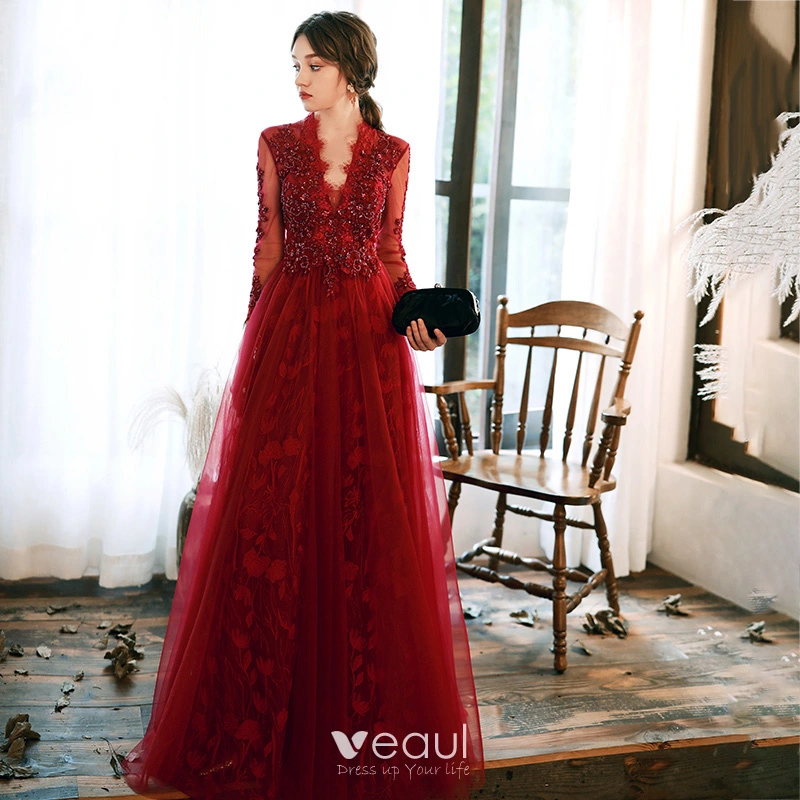 Fashion Red Evening Dresses 2020 A-Line / Princess V-Neck See-through Long  Sleeve Leaf Appliques Lace Beading Floor-Length / Long Ruffle Backless Formal  Dresses