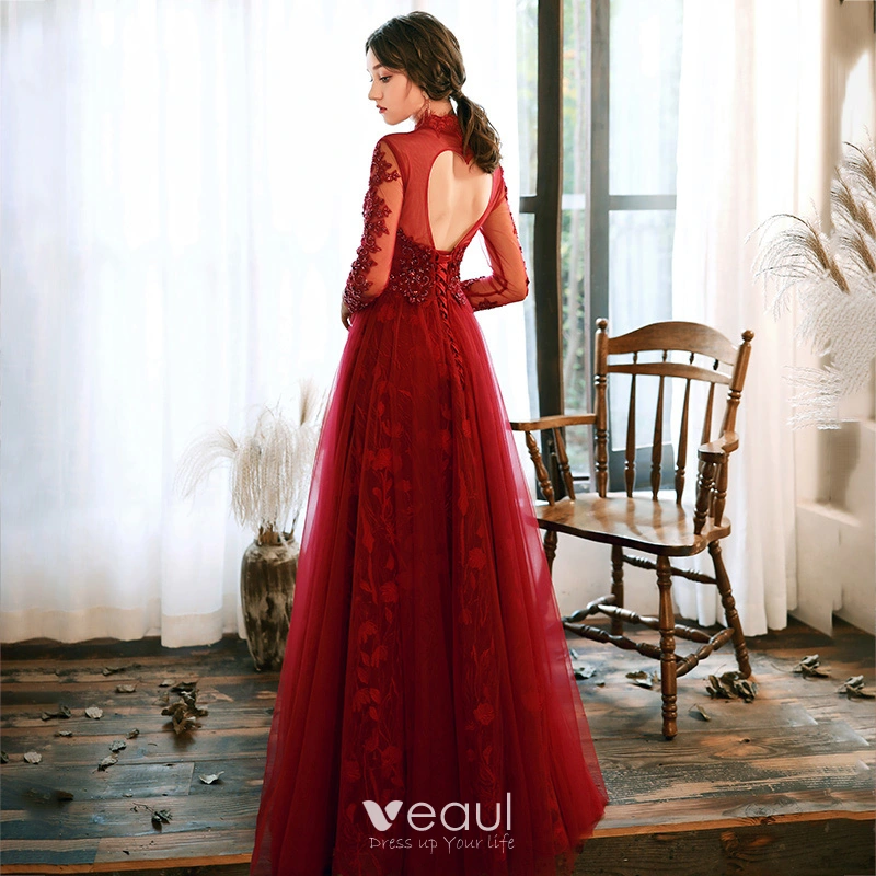 Elegant Sexy See-through Red Lace Evening Dresses