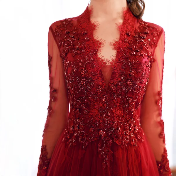Fashion Red Evening Dresses 2020 A-Line Princess V-Neck See-through Long Sleeve Leaf Fashion Red Evening Dresses 2020 A-Line Princess V-Neck See-through Long Sleeve Leaf
