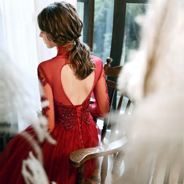 red backless formal dress Sexy High-Neck Burgundy Sequined Slit Prom Dress