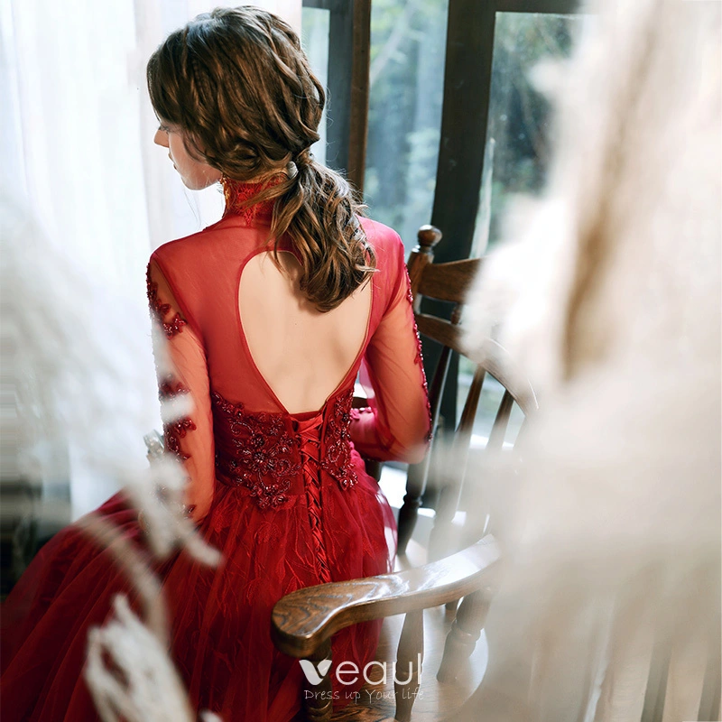 strapless open back dress Fitted Satin Long Sleeves Open Back Burgundy Evening Gown AC381 12 / Burgundy (Maroon) main image 1