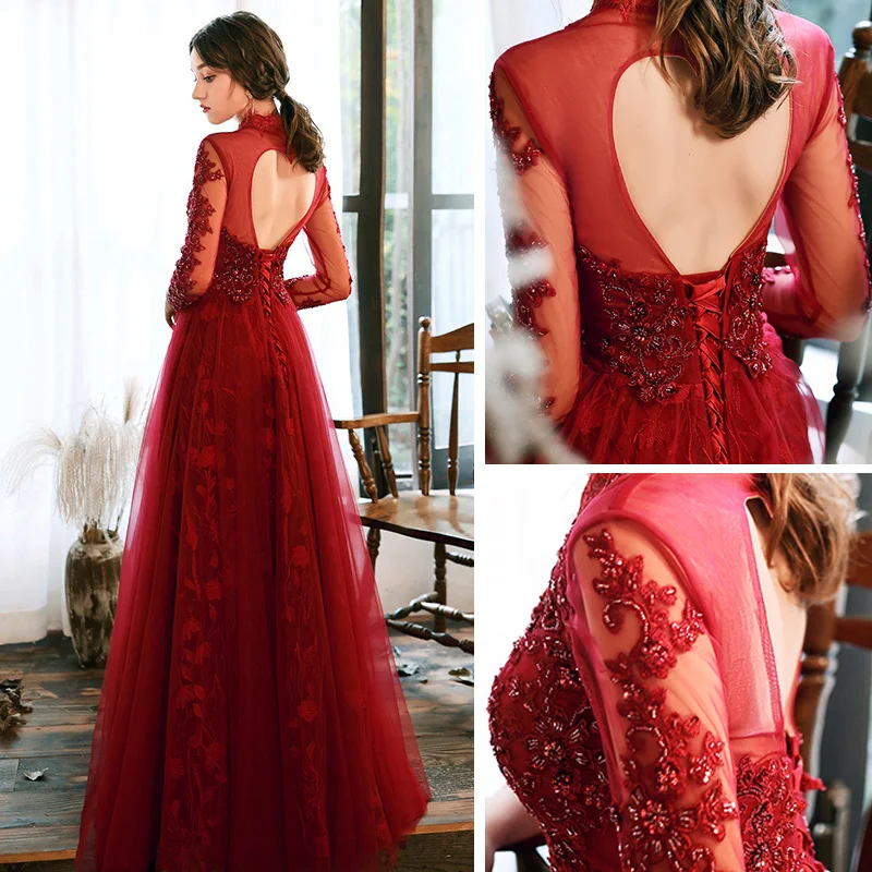 Fashion Red Evening Dresses 2020 A-Line Princess V-Neck See-Through Long Sleeve Leaf