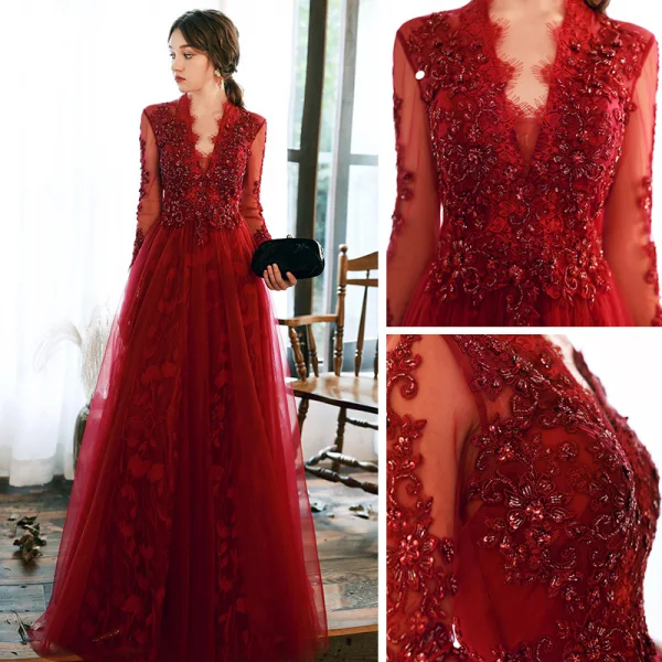 Elegant Sexy See-through Red Lace Evening Dresses