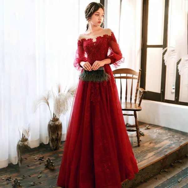 Elegant Red Evening Dresses 2020 A-Line Princess See-through Scoop Neck Puffy 3/4 Lace