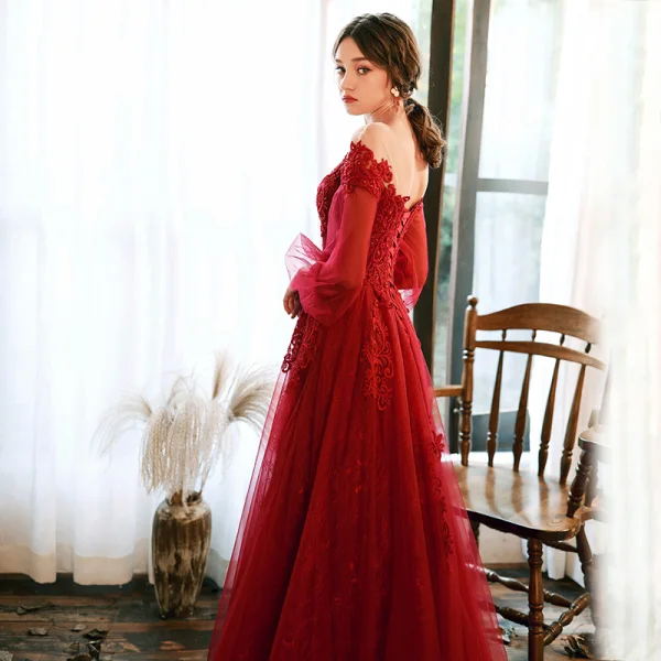 elegant red dresses with sleeves Bright Red Long Sleeves V-neck High Slit Formal Dresses , CP0034