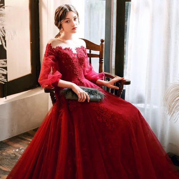 Elegant Red Evening Dresses 2020 A-Line Princess See-through Scoop Neck Puffy 3/4 Lace