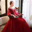 Élégant Rouge Robe De Soirée 2020 Princesse Transparentes Encolure Dégagée Gonflée 3/4 Manches Appliques En Dentelle Perlage Longue Volants Dos Nu