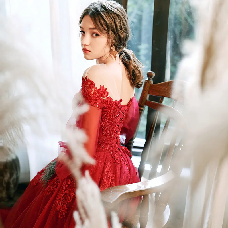 Elegant Red Evening Dresses 2020 A-Line Princess See-Through Scoop Neck Puffy 3/4 Lace