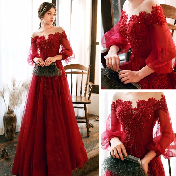 Élégant Rouge Robe De Soirée 2020 Princesse Transparentes Encolure Dégagée Gonflée 3/4 Manches Appliques En Dentelle Perlage Longue Volants Dos Nu