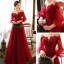 Élégant Rouge Robe De Soirée 2020 Princesse Transparentes Encolure Dégagée Gonflée 3/4 Manches Appliques En Dentelle Perlage Longue Volants Dos Nu