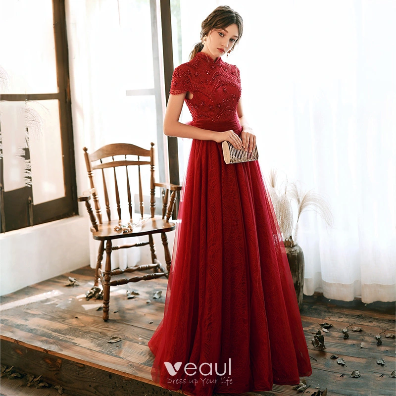 formal red lace dress Faviana 11253 Long Prom Beaded Slit Lace Formal Dress main image 0