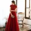 Vintage / Originale Rouge Dentelle Robe De Soirée 2020 Princesse Col Haut Manches Courtes Paillettes Perlage Longue Volants Dos Nu Noeud Robe De Ceremonie